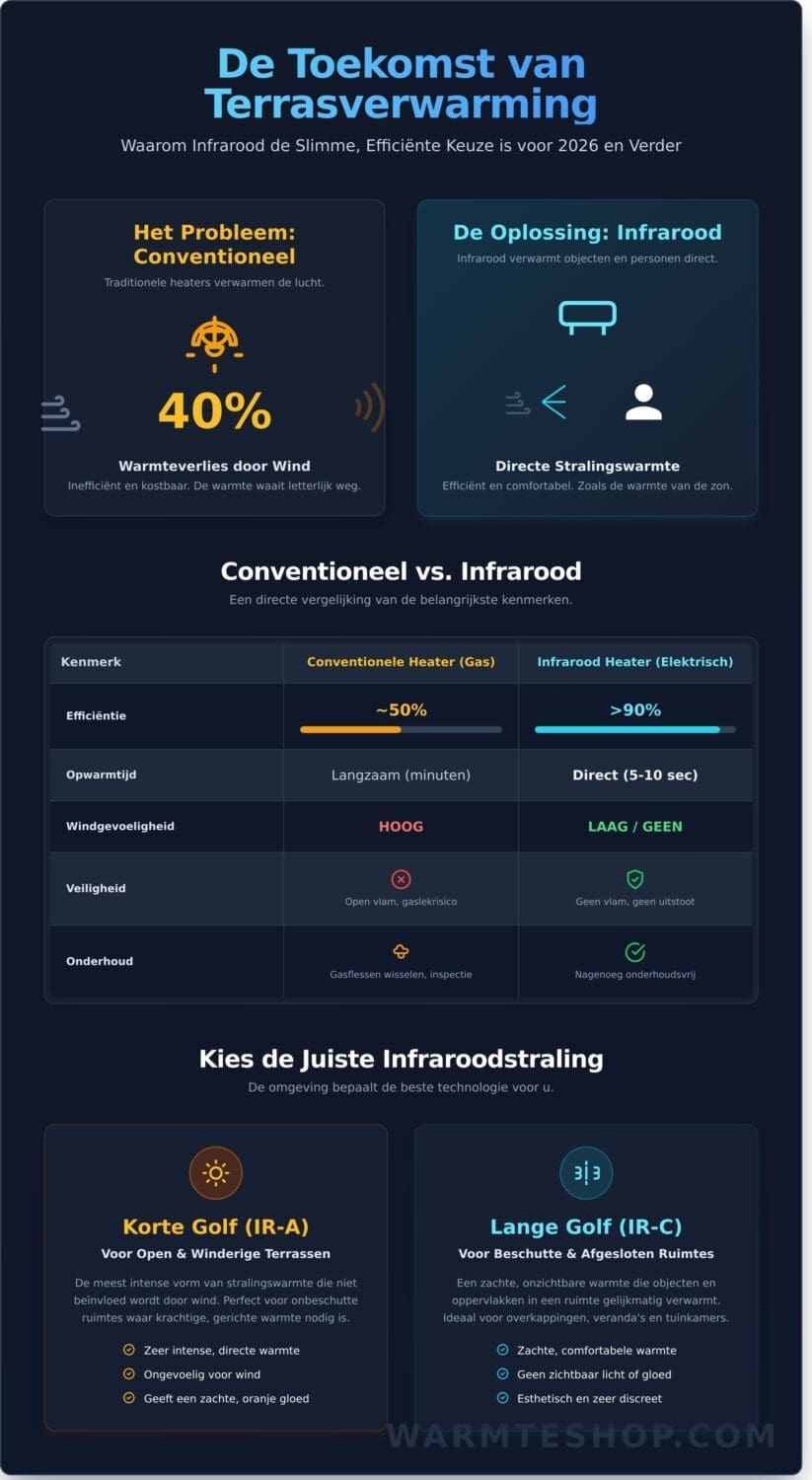 Infrarood terrasverwarming: De complete gids voor een warm terras in 2026