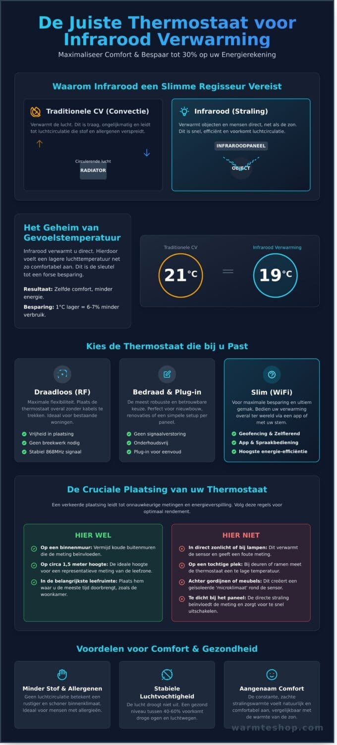 Thermostaat voor Infrarood Verwarming: De Complete Gids voor Comfort en Besparing (2026) - Infographic